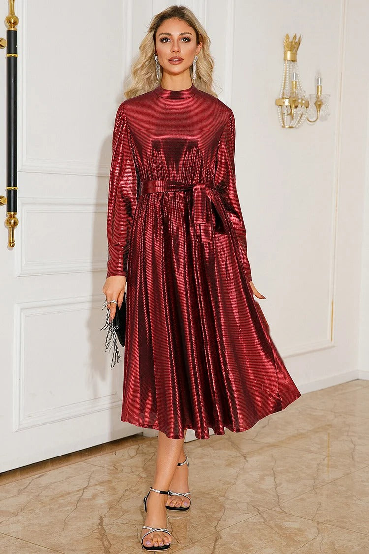 Red Metallic Tie-Up Pleated Midi Dress - Sophia