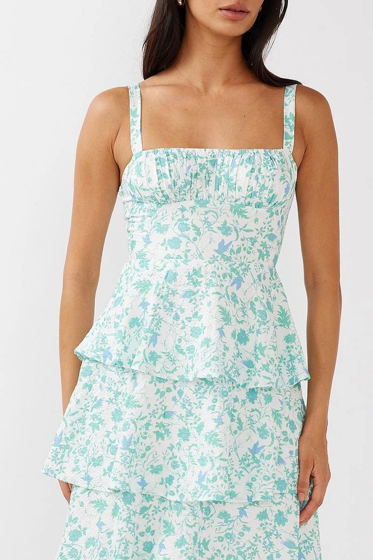 Blue Floral Square Neck Tiered Maxi Dress - Lily