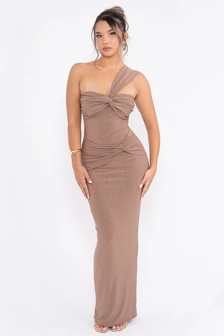 Brown Shimmery One-Shoulder Twist Maxi Dress - Selene