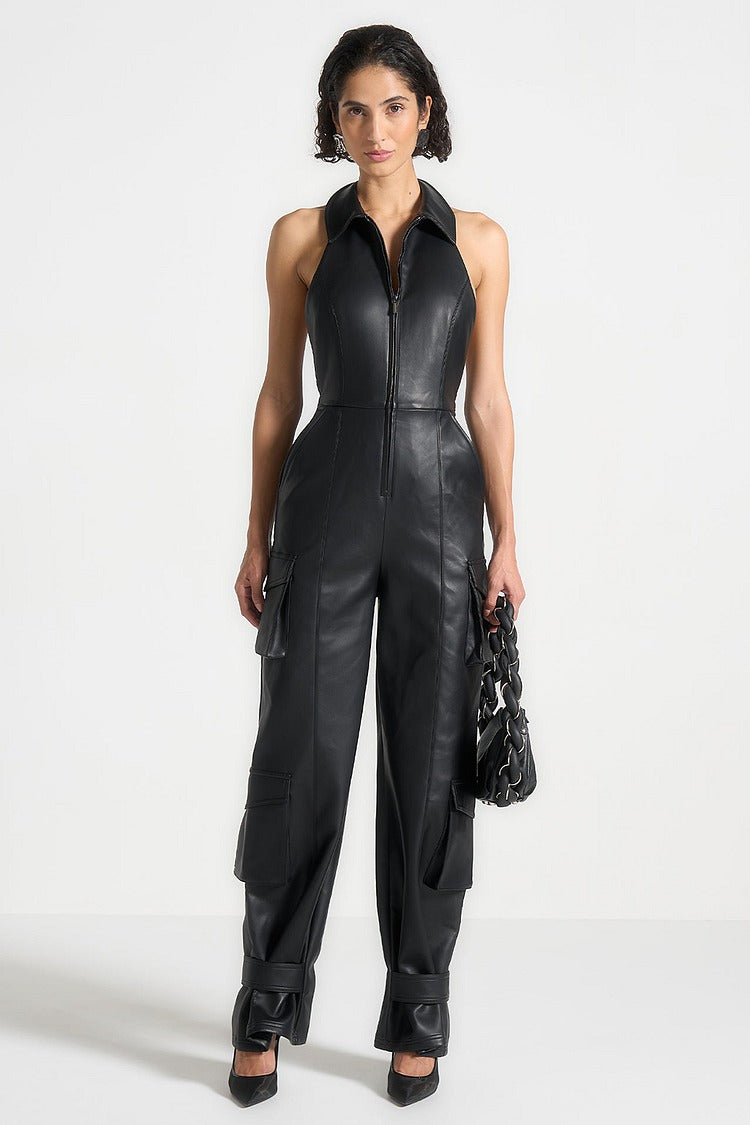 Black PU Leather Cargo Jumpsuit - Zoe