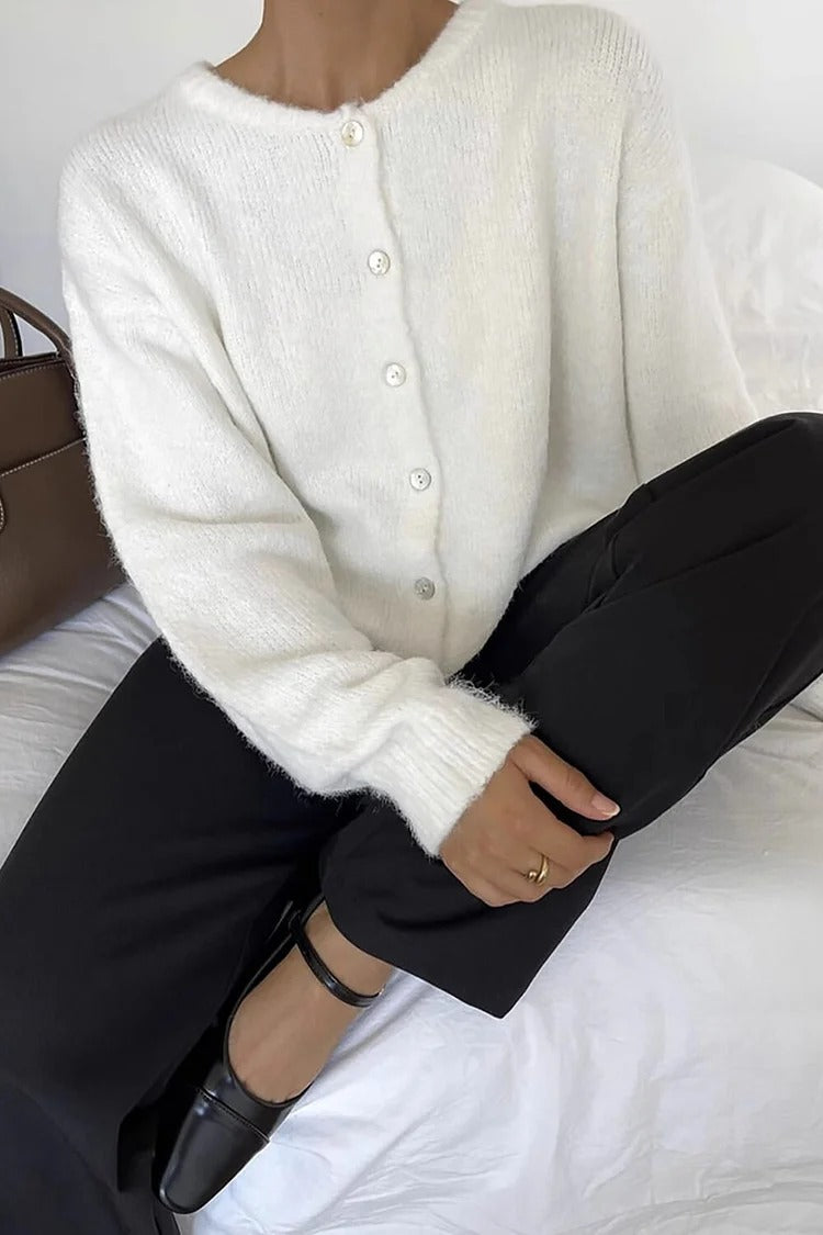 White Knit Round Neck Button-Up Cardigan - Lily