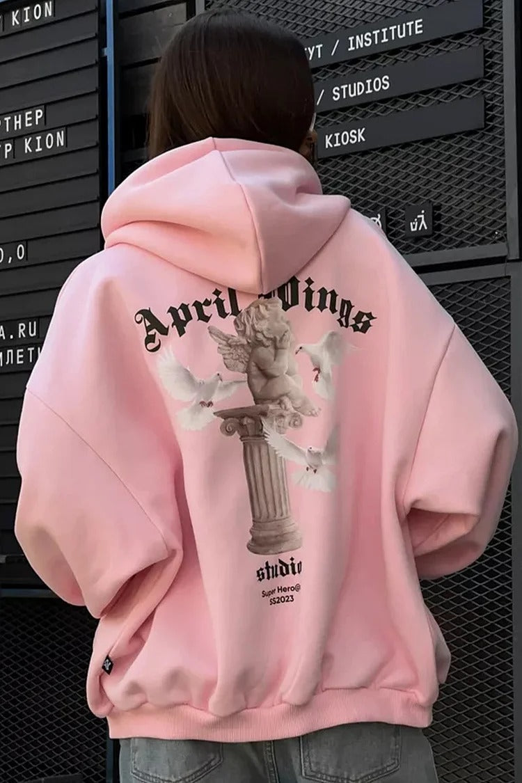 Pink Angel Print Zipper Hooded Casual Loose Fit Coat - Sophia