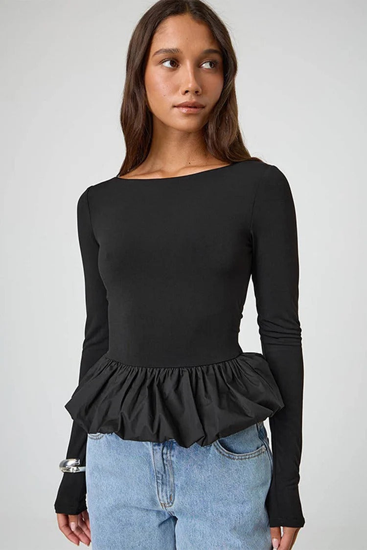 Black Ruffled Slim Fit Top - Ava