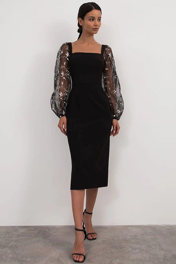 White Embroidered Lantern Sleeve Midi - Clara