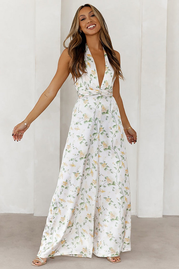 White Floral Halter Jumpsuit - Lily