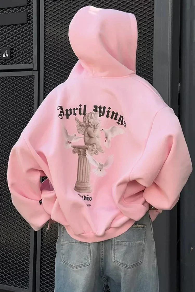 Pink Angel Print Zipper Hooded Casual Loose Fit Coat - Sophia