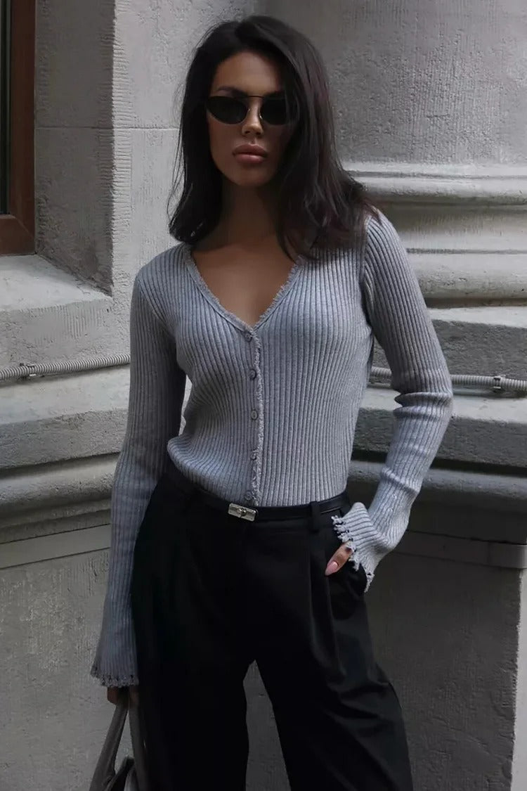 Khaki V-Neck Button-Up Crop Sweater - Emma