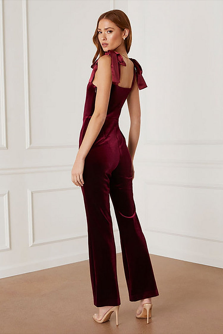 Burgundy Velvet Flare Jumpsuit - Celeste