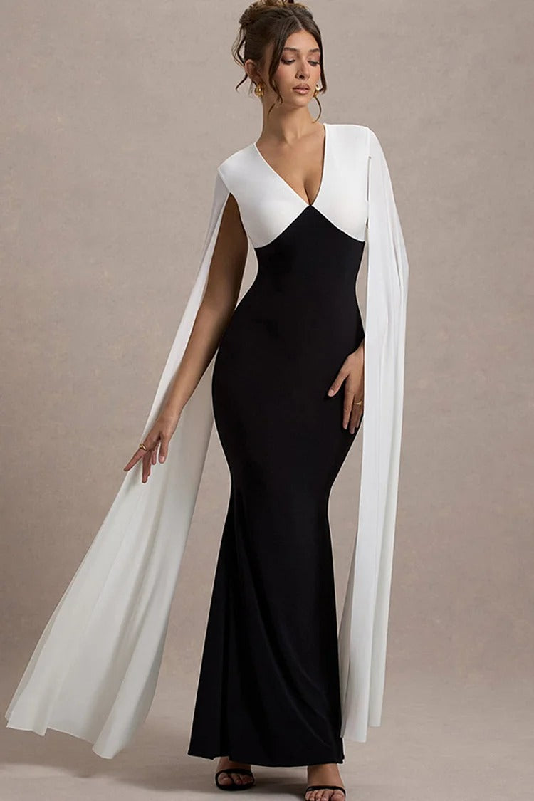 Black V Neck Cape Sleeve Fishtail Colorblock Bodycon Gown - Sophia