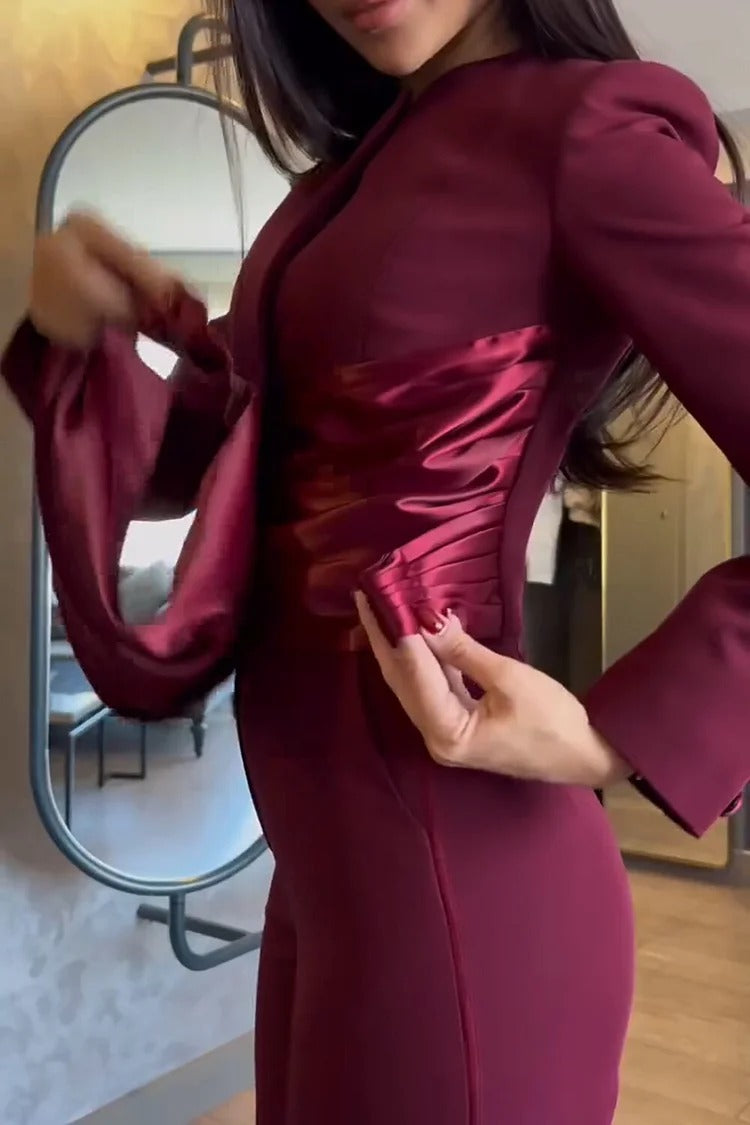 Burgundy Satin Ruched Waist Straight-Leg Jumpsuit - Valeria