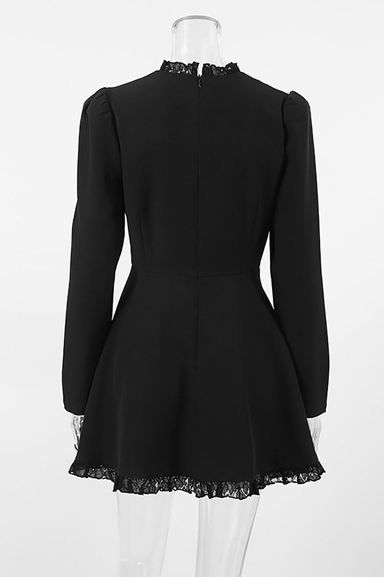 Black Frill Trim Mock Neck Mini Dress - Isabella