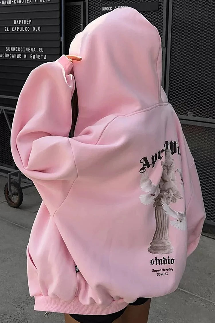 Pink Angel Print Zipper Hooded Casual Loose Fit Coat - Sophia
