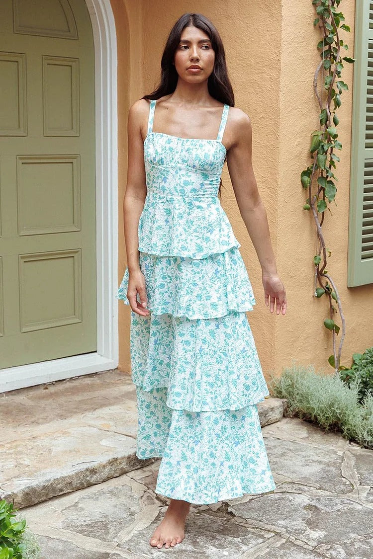 Blue Floral Square Neck Tiered Maxi Dress - Lily