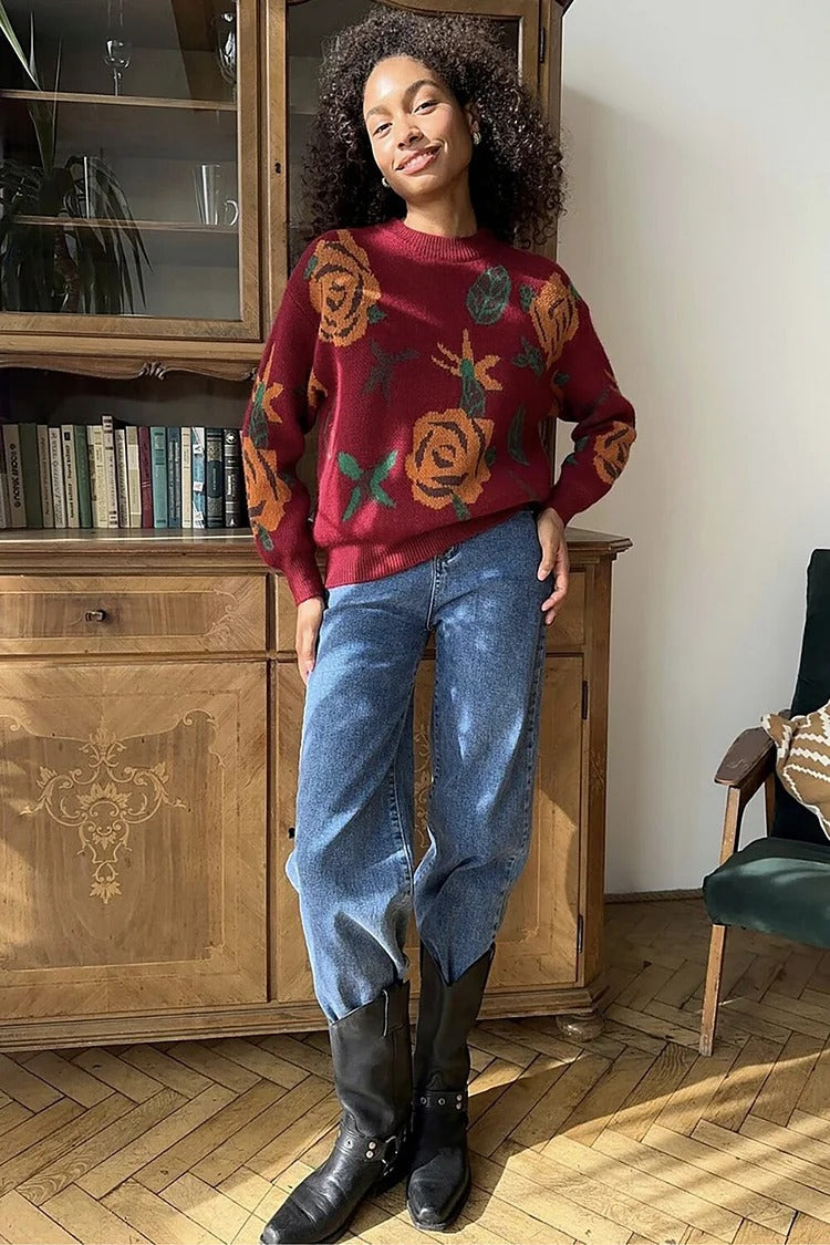 Ivory Floral Knit Round Neck Sweater - Emma