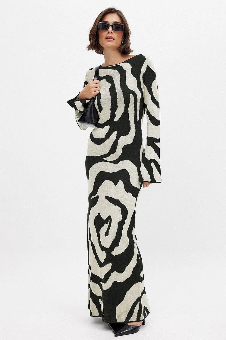 Black Abstract Pattern Knit Long Sleeve Slim Fit Sweater Maxi Dress - Chloe