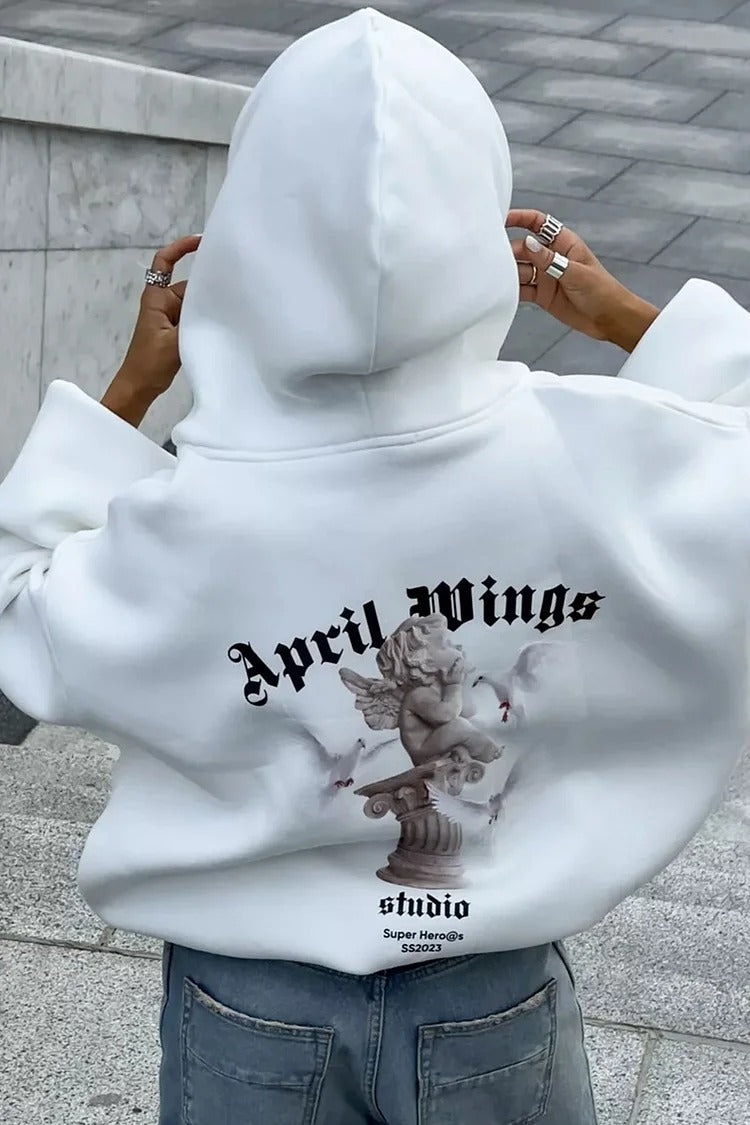 Pink Angel Print Zipper Hooded Casual Loose Fit Coat - Sophia