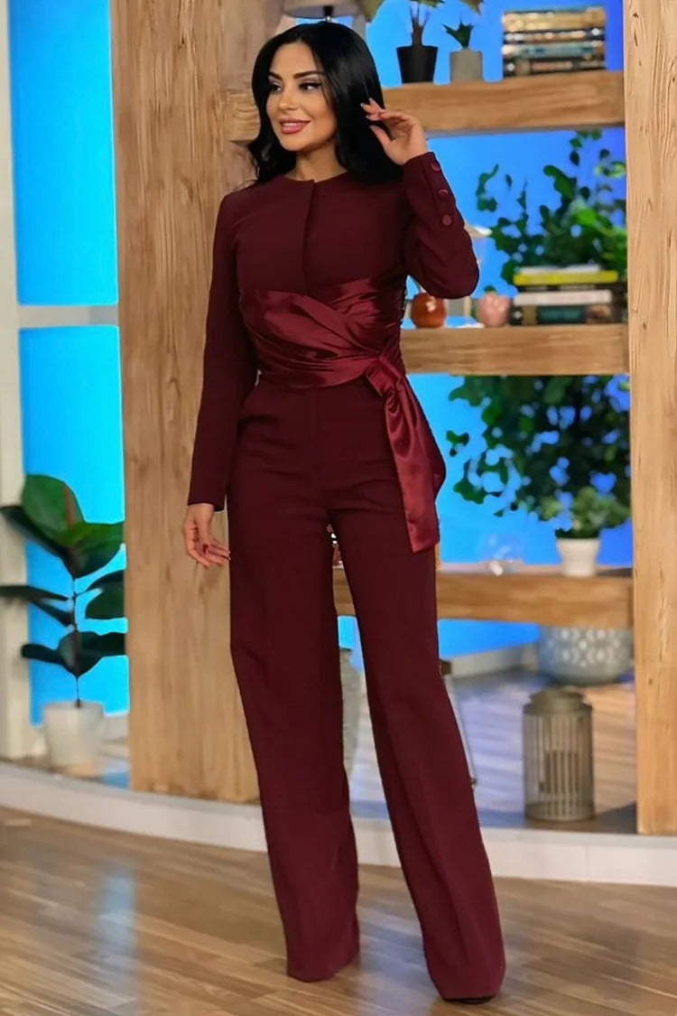 Burgundy Satin Ruched Waist Straight-Leg Jumpsuit - Valeria
