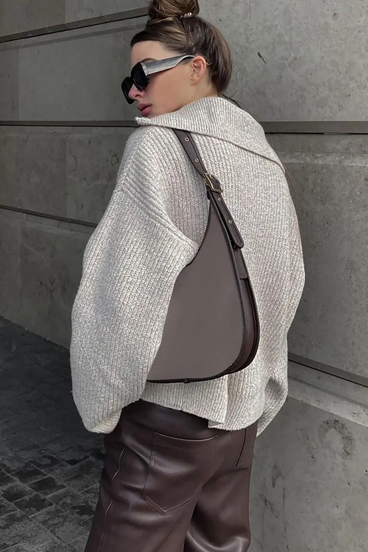 Gray Zipper Collar Knit Loose Fit Sweater - Emily