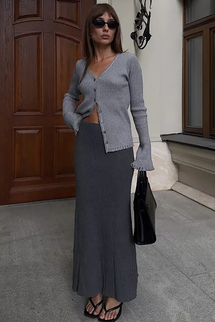 Khaki V-Neck Button-Up Crop Sweater - Emma