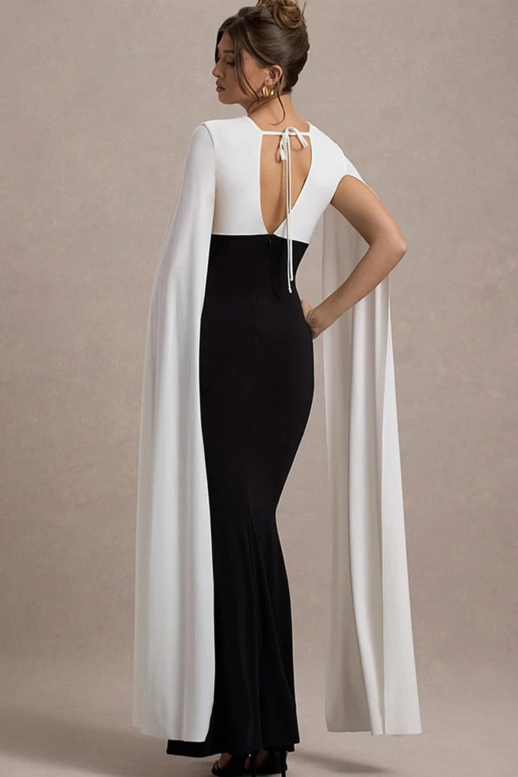 Black V Neck Cape Sleeve Fishtail Colorblock Bodycon Gown - Sophia