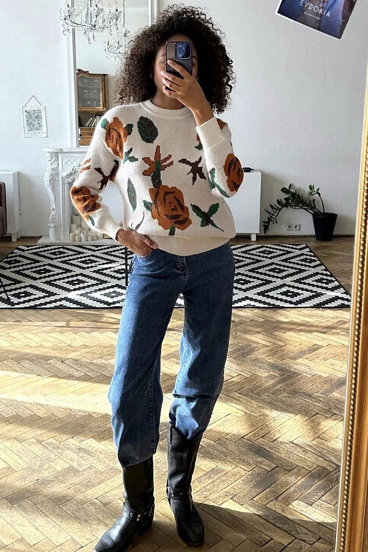Ivory Floral Knit Round Neck Sweater - Emma