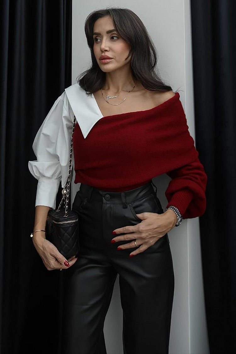 Red Lantern Sleeve Colorblock Knit Sweater - Clara