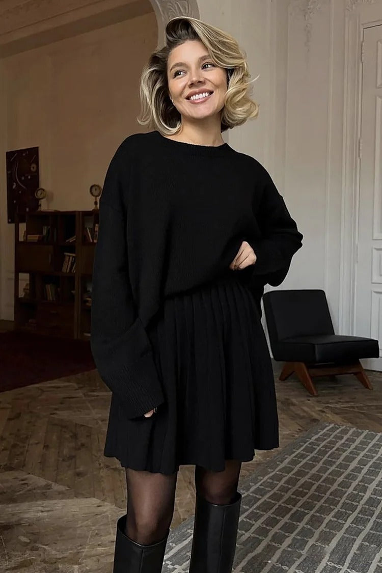 Ivory Knit Sweater Pleated Skirt Set - Livia