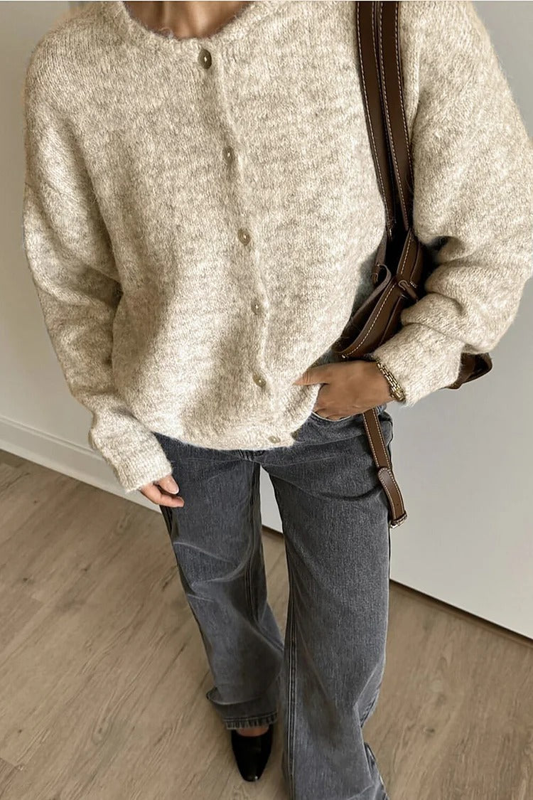 White Knit Round Neck Button-Up Cardigan - Lily