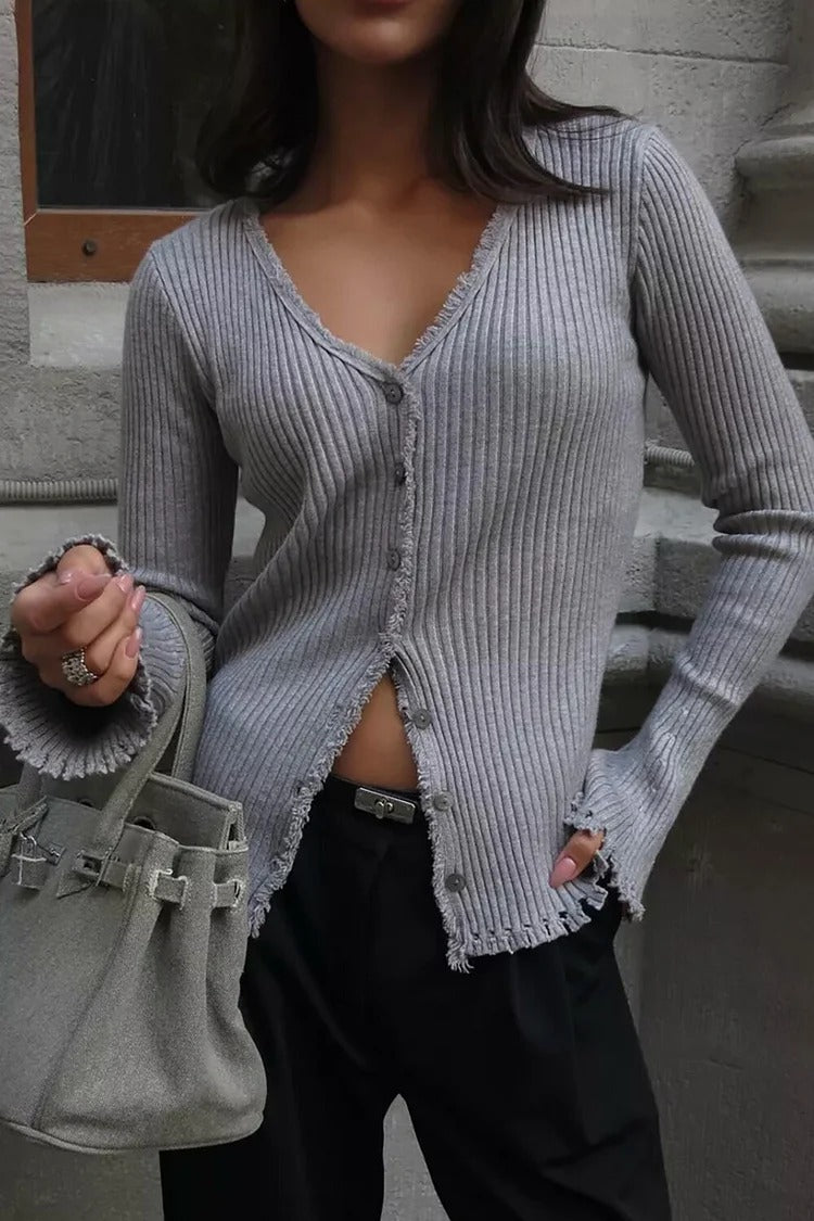 Khaki V-Neck Button-Up Crop Sweater - Emma