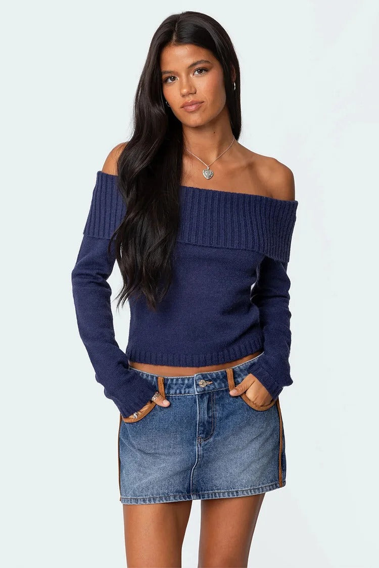 Navy Off Shoulder Knit Crop - Isla