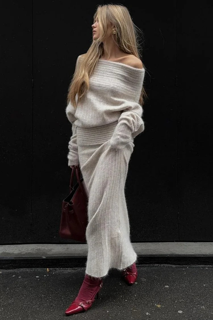 Gray Off-Shoulder Sweater Knit Set - Eva