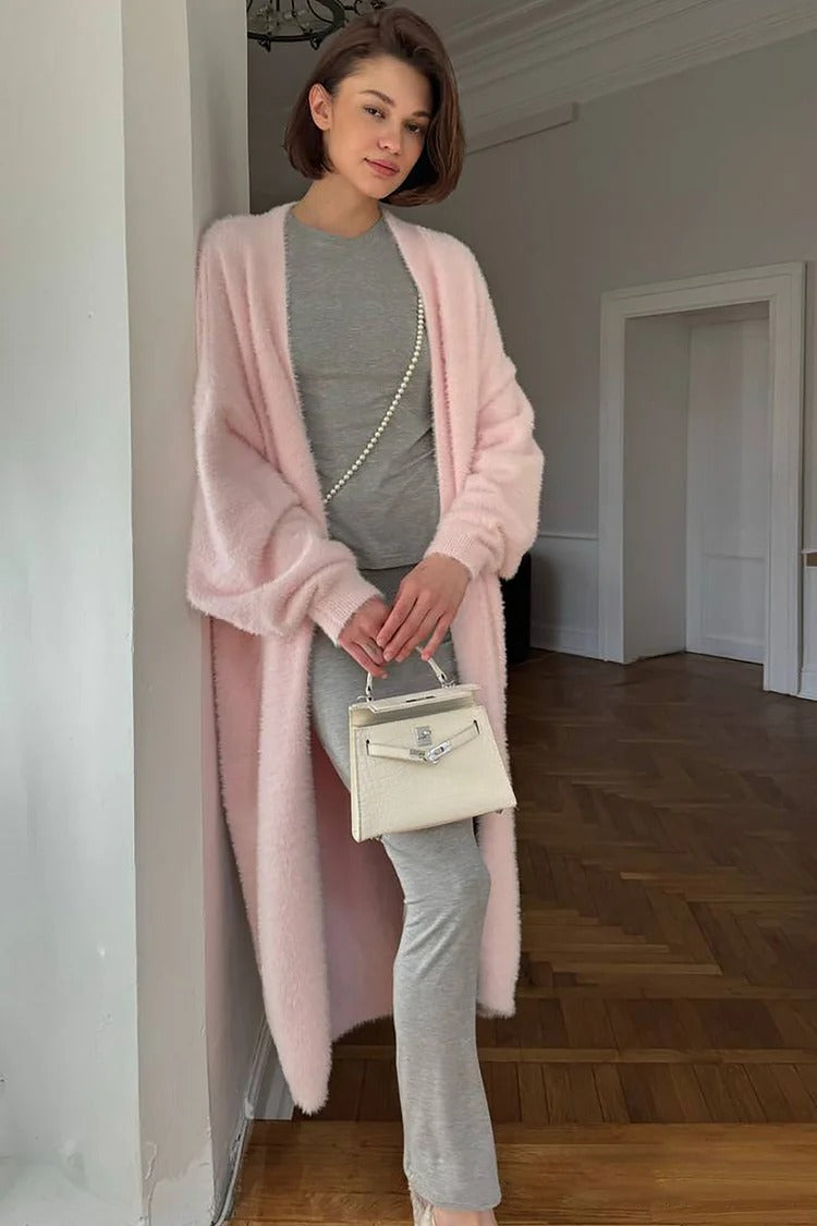 Pink Fuzzy Lantern Sleeve Cardigan - Amara