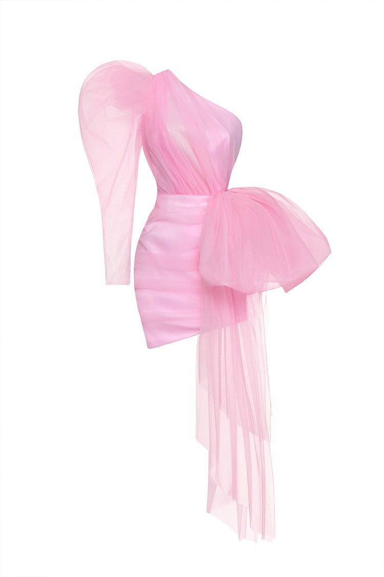 Pink Tulle One-Shoulder Bow Party Mini Dress - Amelia
