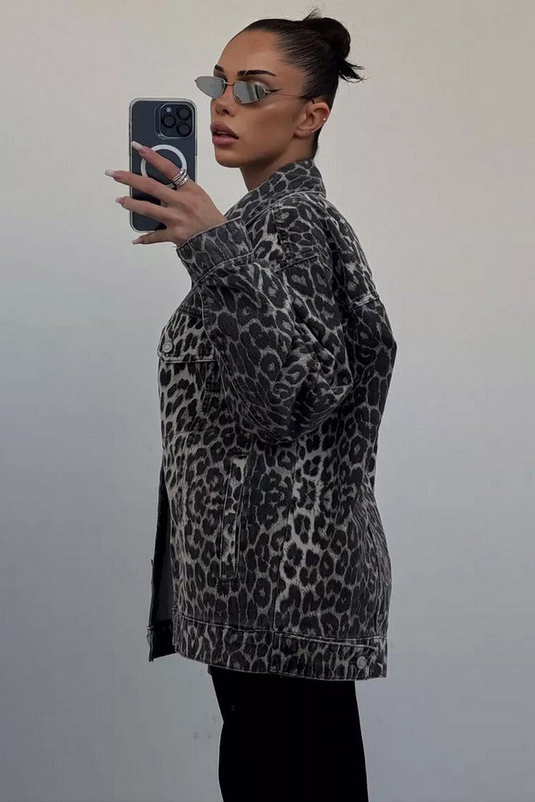Gray Leopard Denim Jacket - Livia