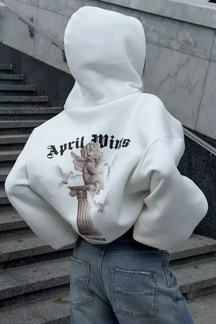 Pink Angel Print Zipper Hooded Casual Loose Fit Coat - Sophia