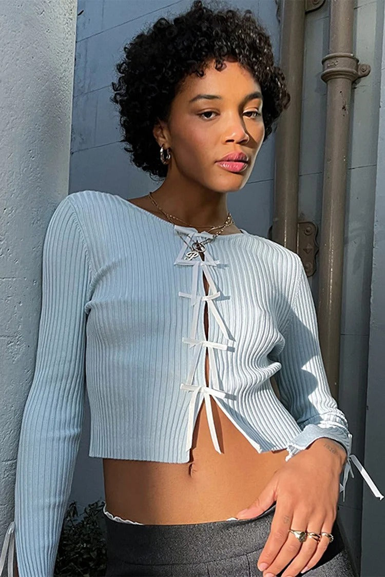 White Pleated Bow Crop Sweater - Isla