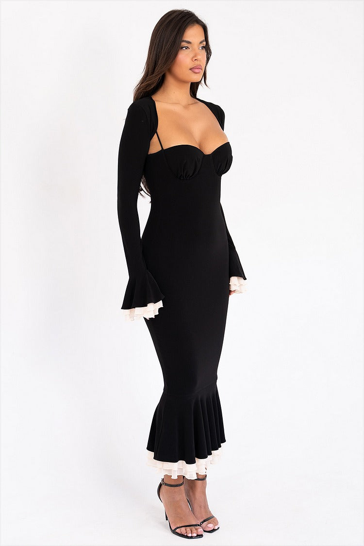 Black Ruffled Flare Sleeve Shrug & Fishtail Midi Dress Set - Elara