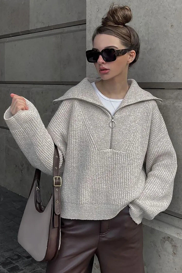 Gray Zipper Collar Knit Loose Fit Sweater - Emily