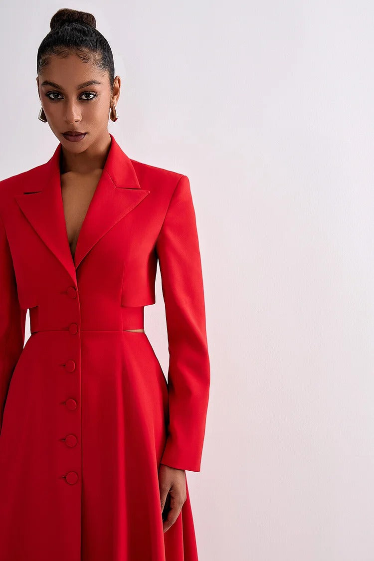 Red Notch Lapel Cutout Blazer Midi Dress - Isabelle
