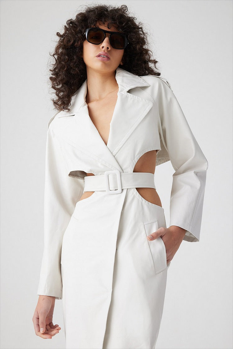 White Notch Collar Cutout Trench Coat - Sophia