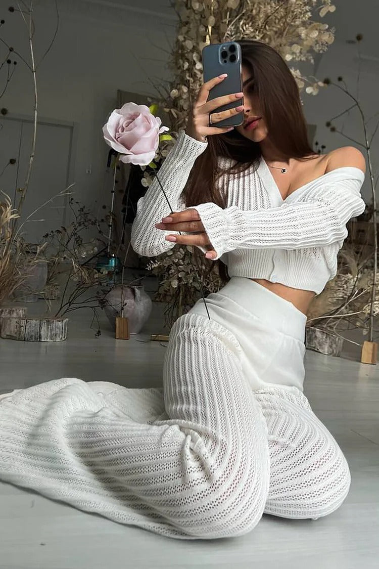 White Pleated Knit V-Neck Crop Sweater & High-Waist Pants Set - Isla