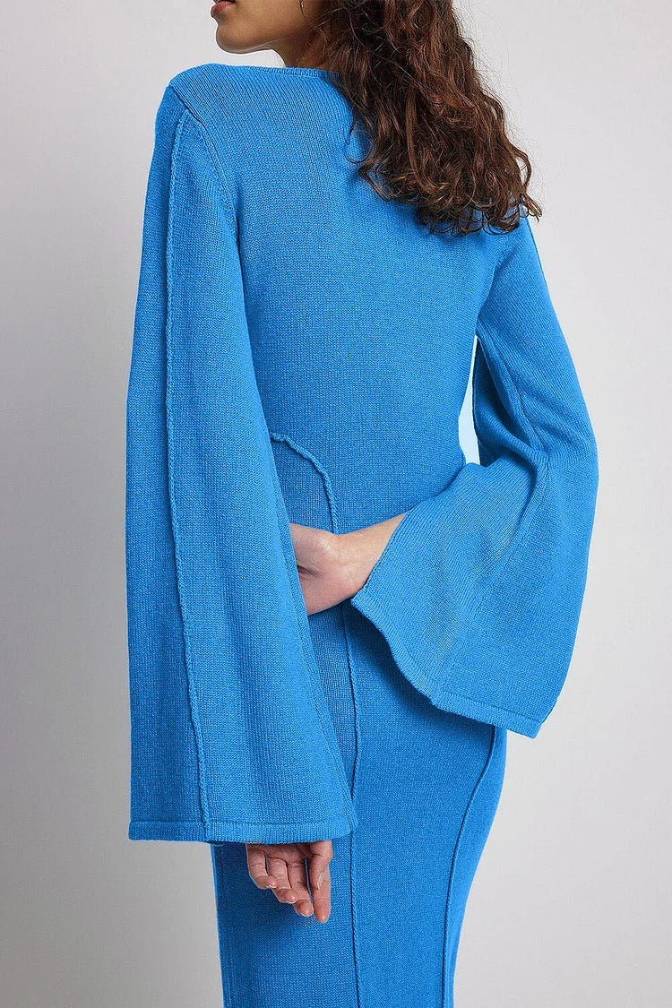 Blue Knit Round Neck Wide Sleeve Slit Sweater Maxi Dress - Olivia