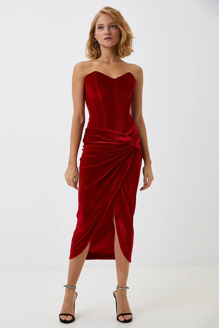 Red Velvet Corset Ruched Strapless Midi - Sophia