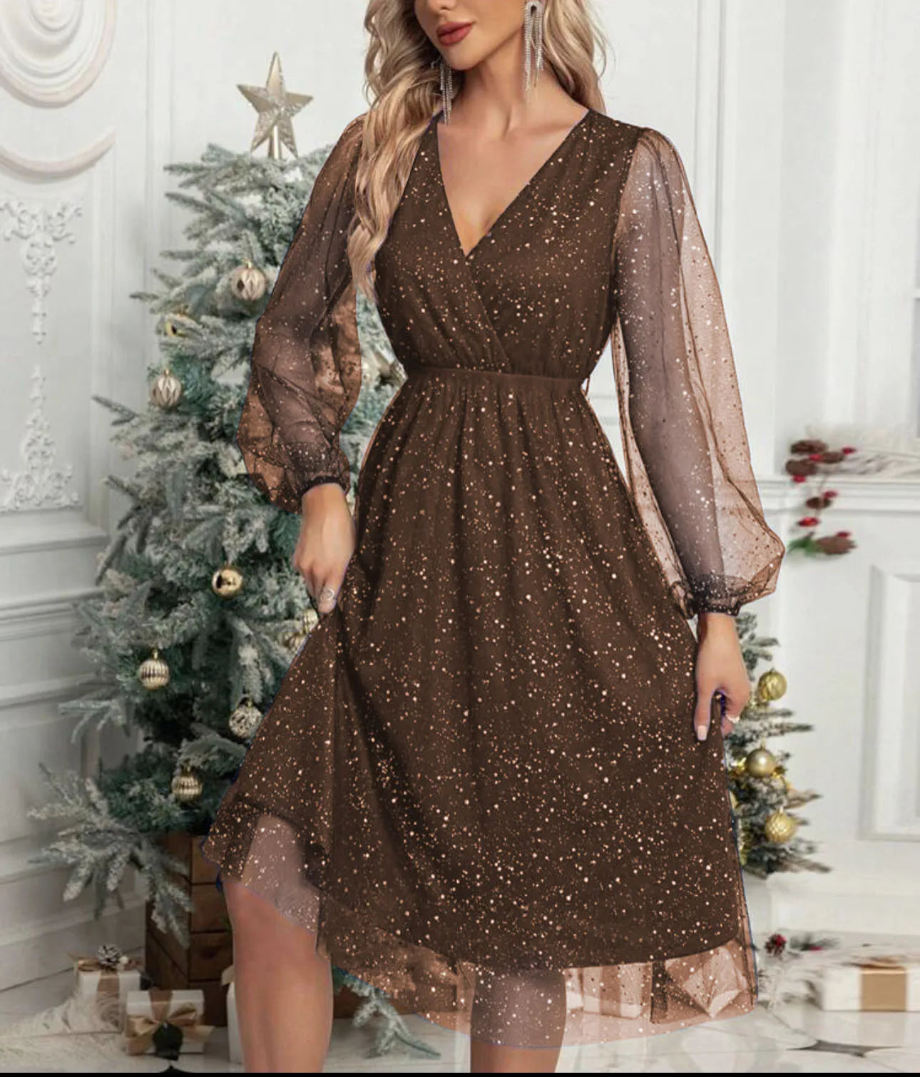Stella™ | Sparkling Mesh-Sleeve Evening Dress