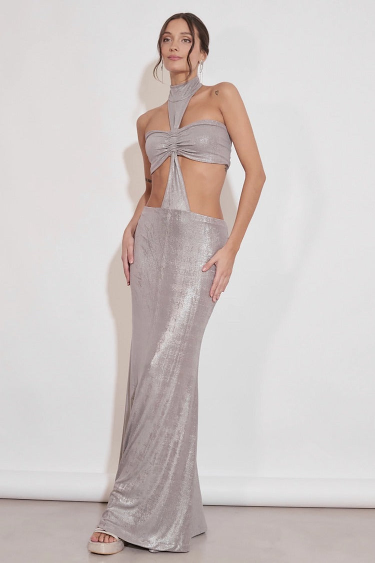 Silver Halter Cutout Slim Fit Maxi - Olivia