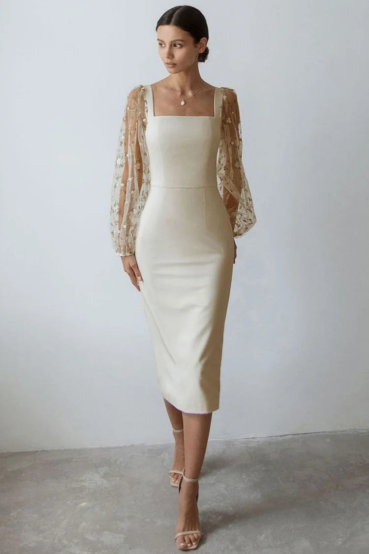White Embroidered Lantern Sleeve Midi - Clara