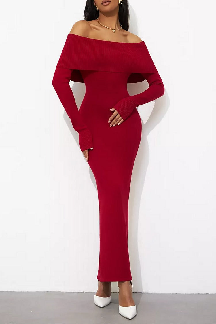 Red Knit Off Shoulder Long Sleeve Sweater Dress - Sophia