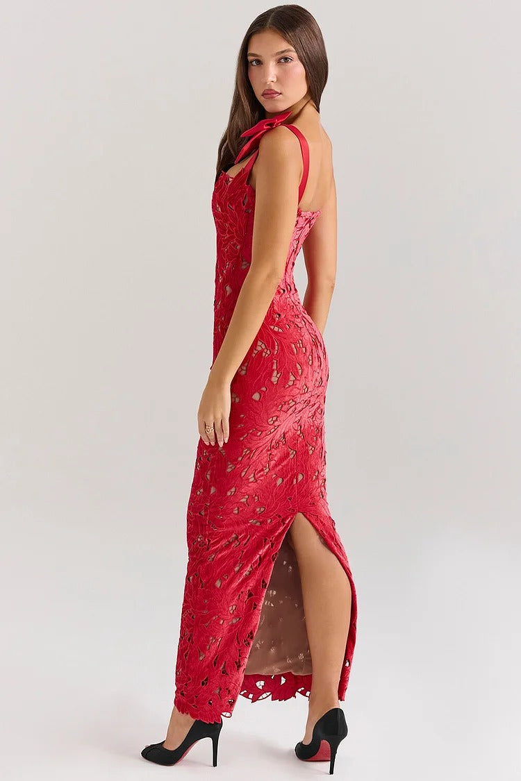 Red Floral Lace Velvet Gown - Emilia