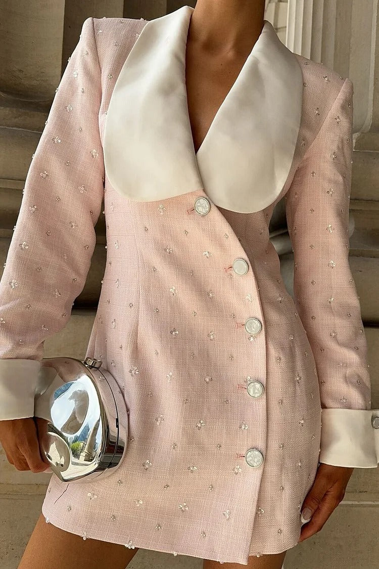Pink Shawl Collar Pearl Blazer Dress - Seraphina