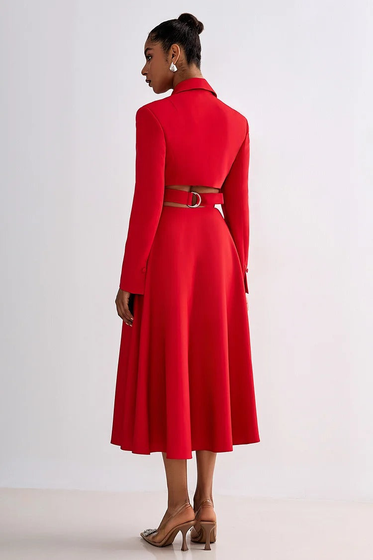 Red Notch Lapel Cutout Blazer Midi Dress - Isabelle